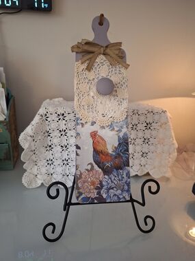 Handcrafted Purple Rooster Decorative Paddle with Lace Accent